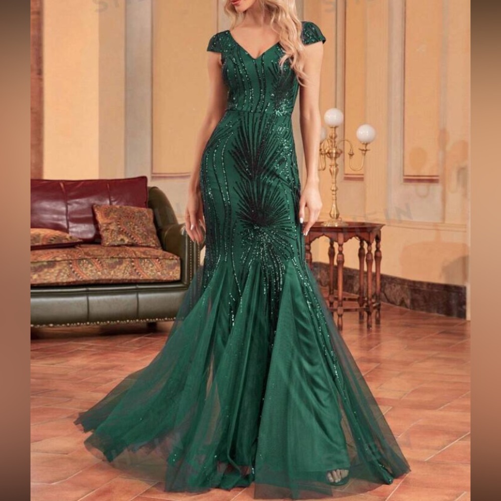 Luxe mermaid hem mesh sequins party formal dress - Picture 3 of 10